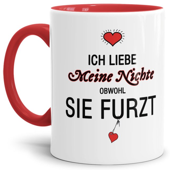 Lustiger Kaffeebecher in Rot mit witzigem Furz-Spruch" für alle Nichten