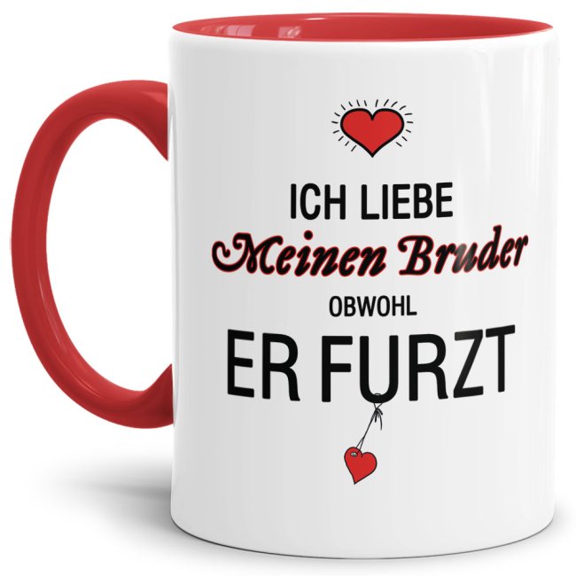 Lustiger Kaffeebecher in Rot mit witzigem Furz-Spruch" für alle Brüder