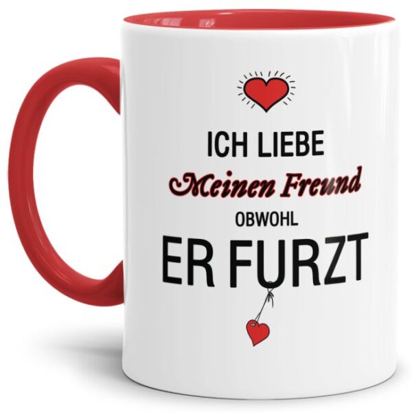 Lustiger Kaffeebecher in Rot mit witzigem Furz-Spruch" für alle Freunde