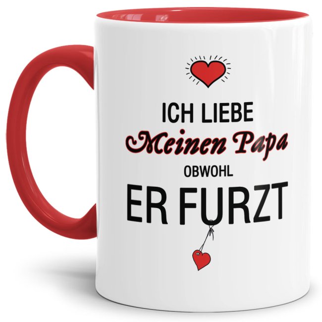 Lustiger Kaffeebecher in Rot mit witzigem Furz-Spruch" für alle Papas