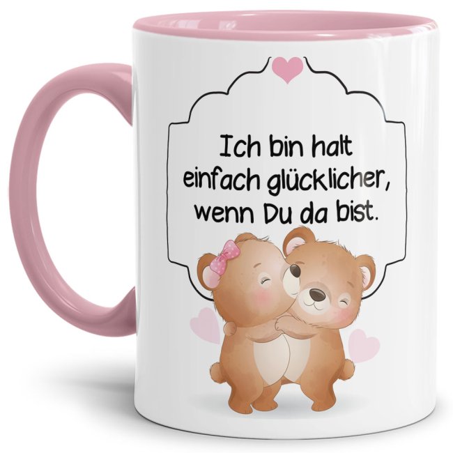 Liebevoll gestaltete Tasse mit Bärchen-Motiv mit rosa Akzent und süßem Spruch - wenn Du da bist. Die ideale Geschenk-Idee für Verliebte