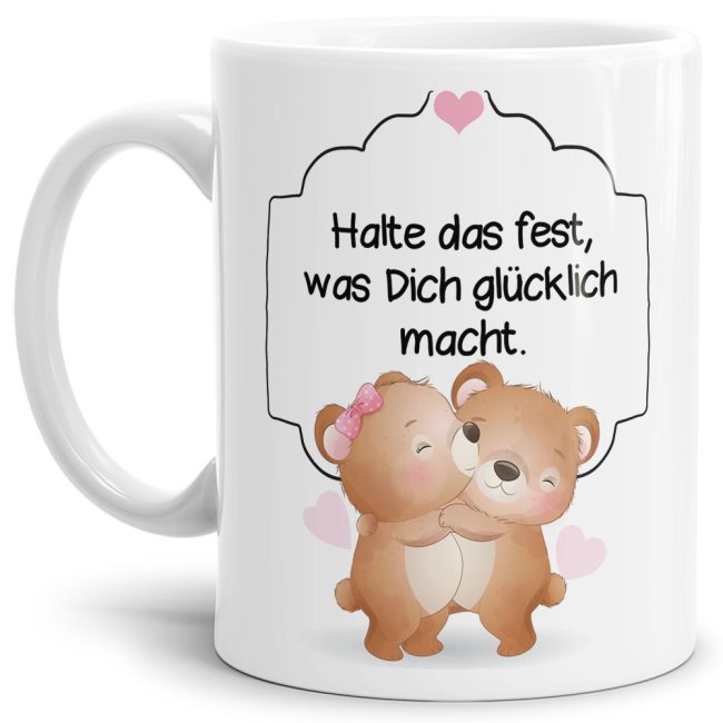 Liebevoll gestaltete weiße Tasse mit Bärchen-Motiv mit süßem Spruch - was Dich glücklich macht. Die ideale Geschenk-Idee für Verliebte