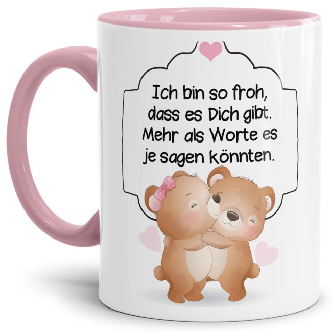 Liebevoll gestaltete Tasse mit Bärchen-Motiv mit rosa Akzent und süßem Spruch - froh