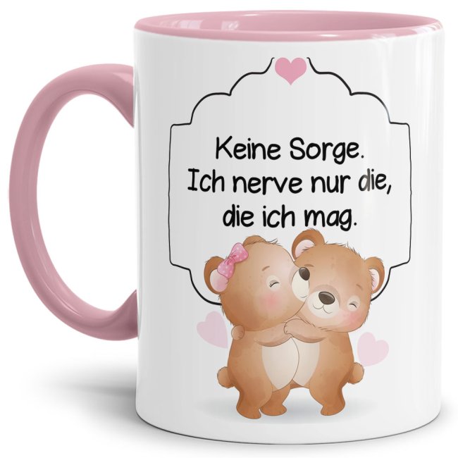 Liebevoll gestaltete Tasse mit Bärchen-Motiv mit rosa Akzent und süßem Spruch - ich nerve nur die