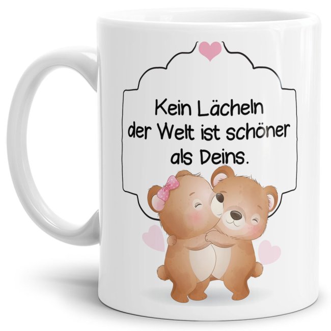 Liebevoll gestaltete weiße Tasse mit Bärchen-Motiv mit süßem Spruch - kein Lächeln ist schöner