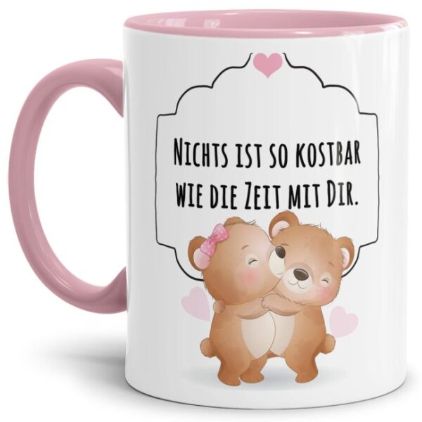 Liebevoll gestaltete Tasse mit Bärchen-Motiv mit rosa Akzent und süßem Spruch- die Zeit mit Dir. Die ideale Geschenk-Idee für Verliebte