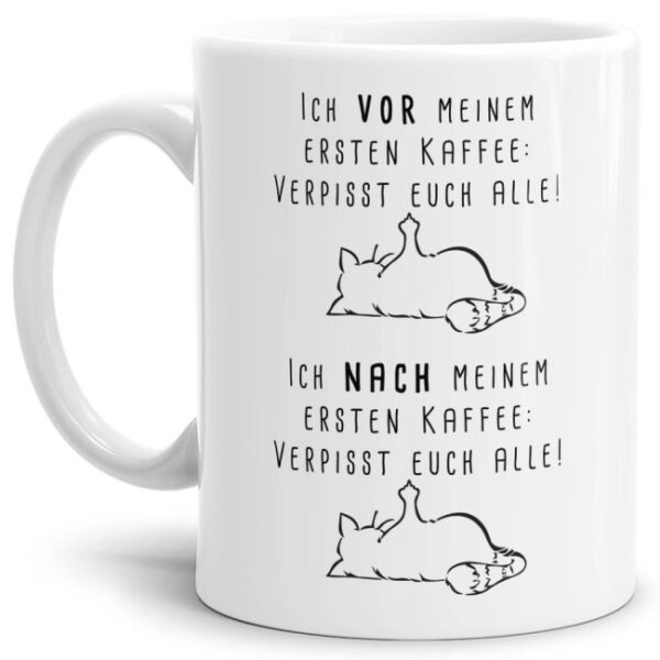 Katzen Tasse mit lustigem Guten-Morgen-Spruch - Ich vor meinem ersten Kaffee. Dieser lustige Kaffeepott in Weiß aus hochwertiger Keramik wird...