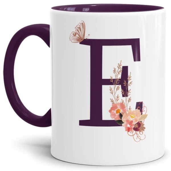 Liebevoll gestaltete Buchstaben-Tasse in Violett - edler Kaffeebecher mit dem Buchstaben E" mit besonderer