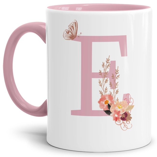 Liebevoll gestaltete Buchstaben-Tasse in Rosa - edler Kaffeebecher mit dem Buchstaben E" mit besonderer