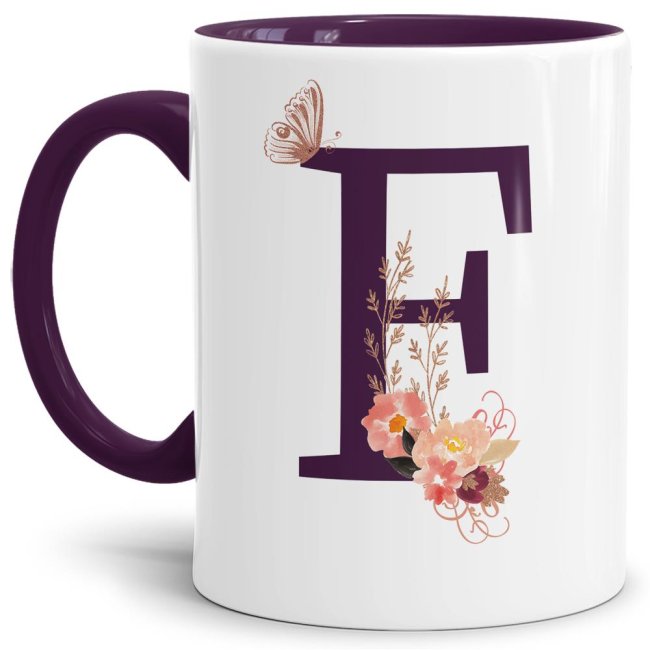 Liebevoll gestaltete Buchstaben-Tasse in Violett - edler Kaffeebecher mit dem Buchstaben F" mit besonderer