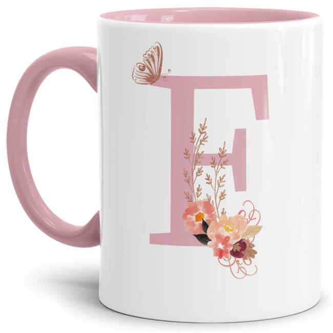 Liebevoll gestaltete Buchstaben-Tasse in Rosa - edler Kaffeebecher mit dem Buchstaben F" mit besonderer