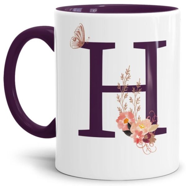 Liebevoll gestaltete Buchstaben-Tasse in Violett - edler Kaffeebecher mit dem Buchstaben H" mit besonderer