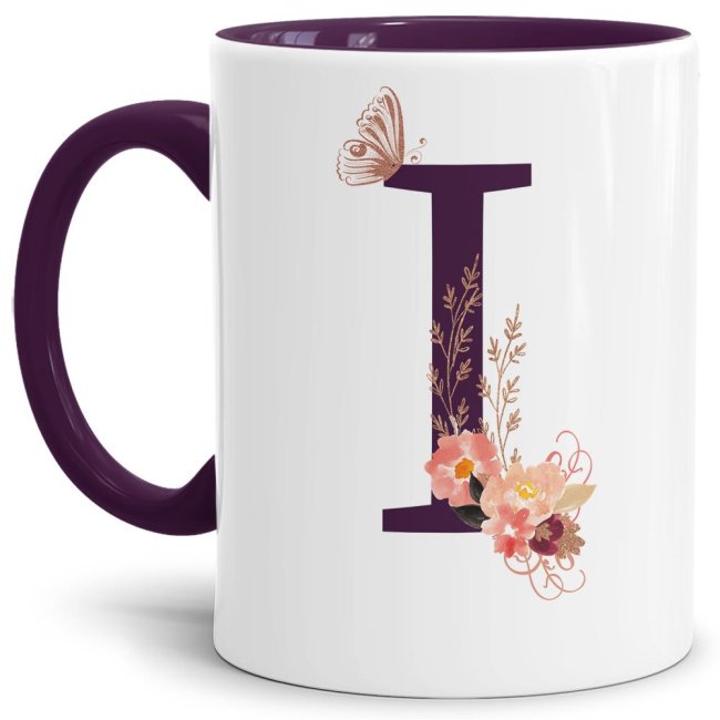 Liebevoll gestaltete Buchstaben-Tasse in Violett - edler Kaffeebecher mit dem Buchstaben I" mit besonderer