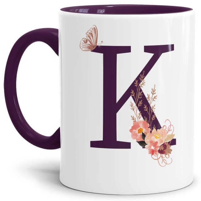 Liebevoll gestaltete Buchstaben-Tasse in Violett - edler Kaffeebecher mit dem Buchstaben K" mit besonderer