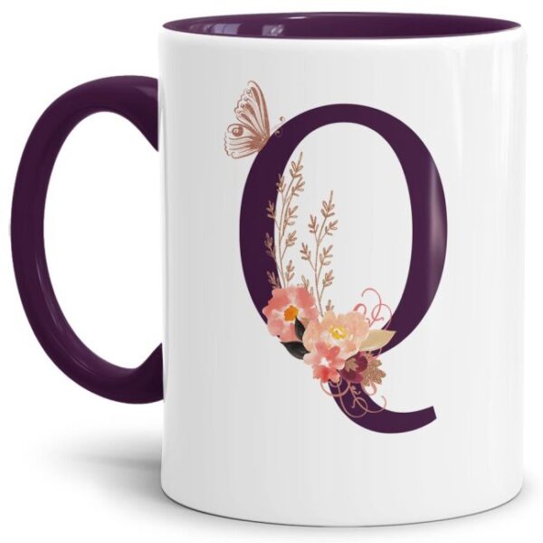 Liebevoll gestaltete Buchstaben-Tasse in Violett - edler Kaffeebecher mit dem Buchstaben Q" mit besonderer