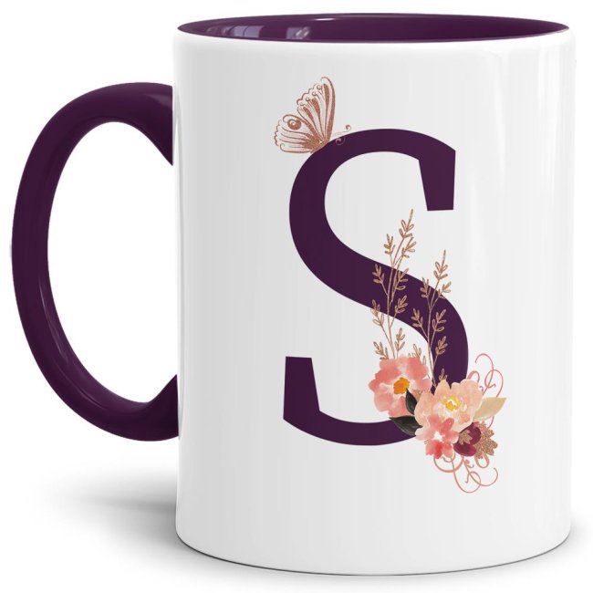 Liebevoll gestaltete Buchstaben-Tasse in Violett - edler Kaffeebecher mit dem Buchstaben S" mit besonderer