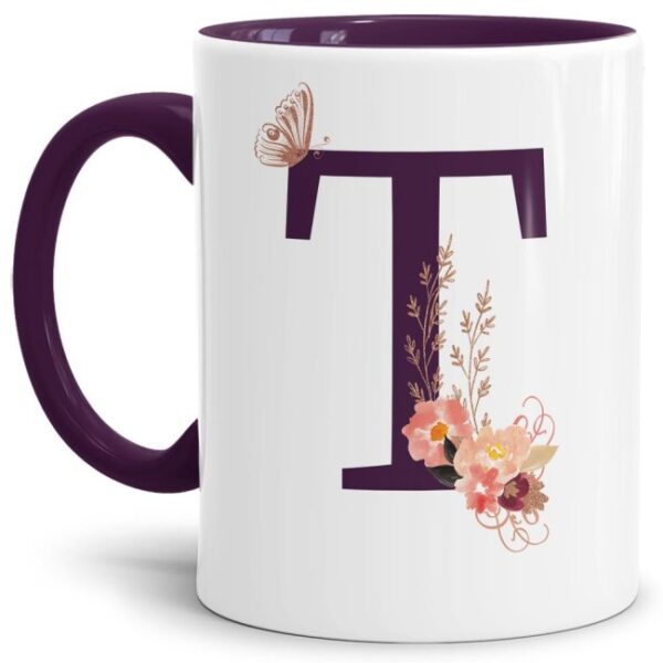 Liebevoll gestaltete Buchstaben-Tasse in Violett - edler Kaffeebecher mit dem Buchstaben T" mit besonderer