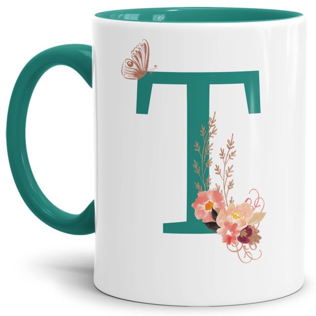 Liebevoll gestaltete Buchstaben-Tasse in Türkis - edler Kaffeebecher mit dem Buchstaben T" mit besonderer