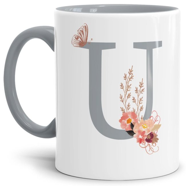 Liebevoll gestaltete Buchstaben-Tasse in Grau - edler Kaffeebecher mit dem Buchstaben U" mit besonderer