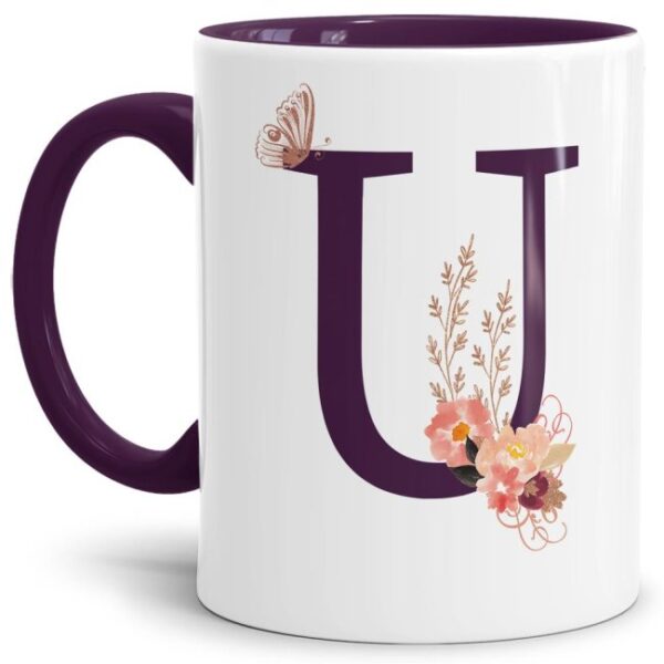 Liebevoll gestaltete Buchstaben-Tasse in Violett - edler Kaffeebecher mit dem Buchstaben U" mit besonderer