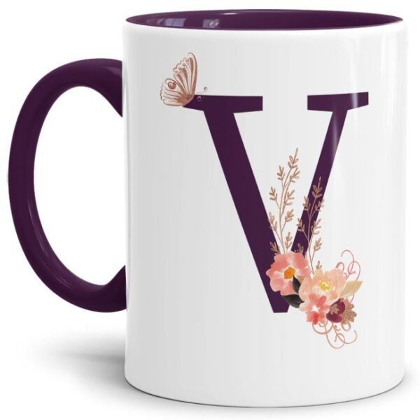 Liebevoll gestaltete Buchstaben-Tasse in Violett - edler Kaffeebecher mit dem Buchstaben V" mit besonderer