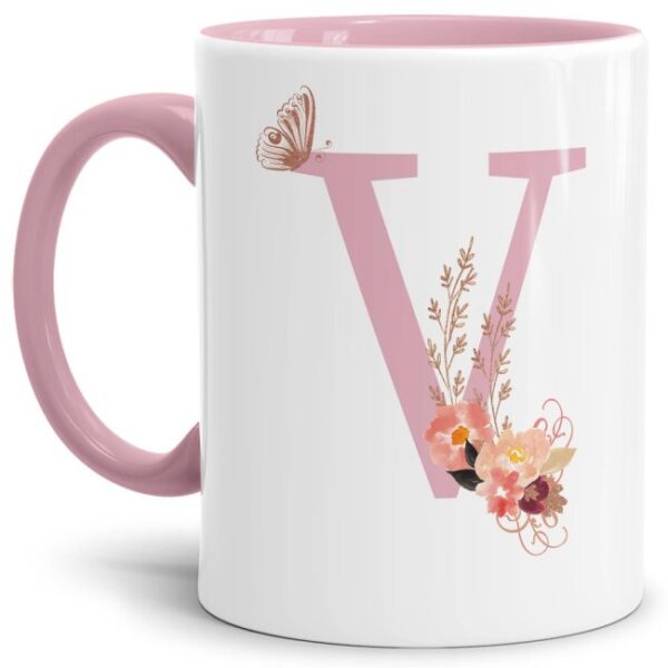 Liebevoll gestaltete Buchstaben-Tasse in Rosa - edler Kaffeebecher mit dem Buchstaben V" mit besonderer