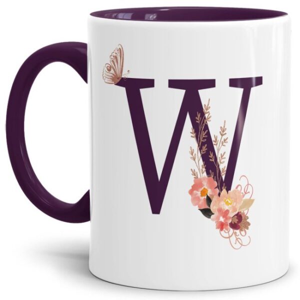 Liebevoll gestaltete Buchstaben-Tasse in Violett - edler Kaffeebecher mit dem Buchstaben W" mit besonderer