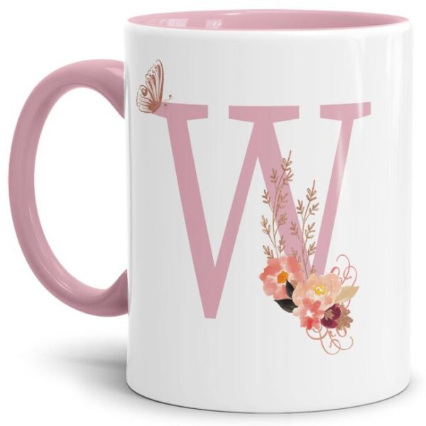 Liebevoll gestaltete Buchstaben-Tasse in Rosa - edler Kaffeebecher mit dem Buchstaben W" mit besonderer