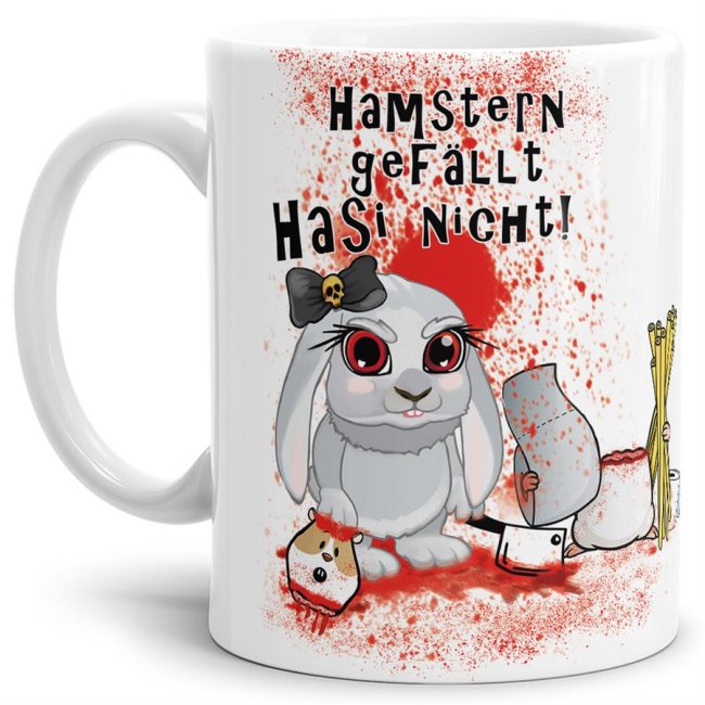 Hasen-Becher in Weiß aus hochwertiger Keramik mit lustigem Spruch für alle