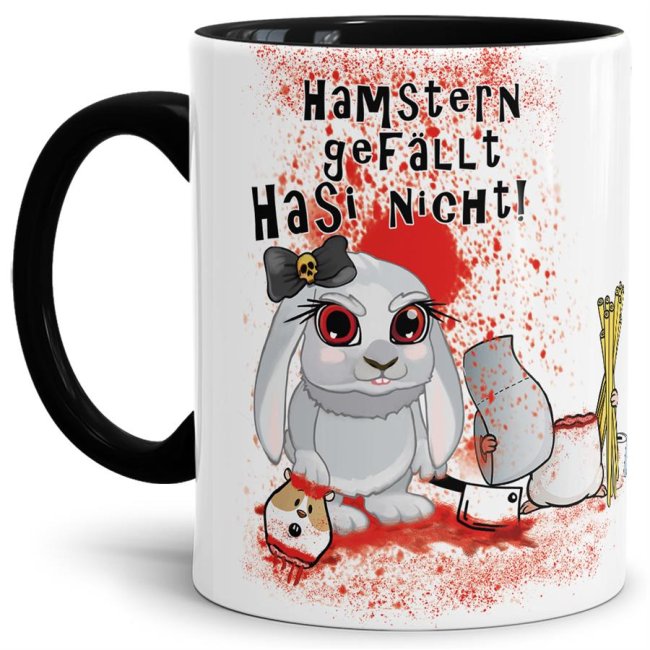 Hasen-Becher mit schwarzem Henkel und Innenleben aus hochwertiger Keramik mit lustigem Spruch für alle