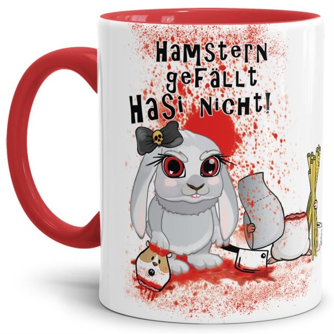 Hasen-Becher mit rotem Henkel und Innenleben aus hochwertiger Keramik mit lustigem Spruch für alle