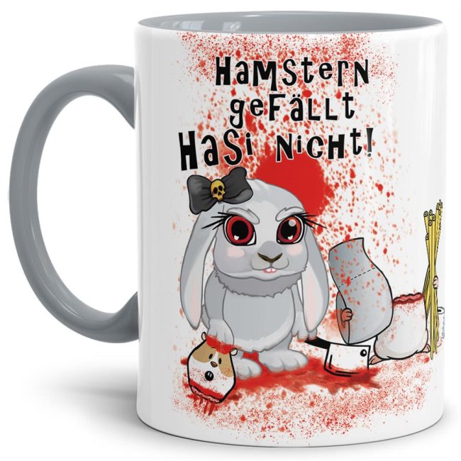 Hasen-Becher mit grauem Henkel und Innenlebenaus hochwertiger Keramik mit lustigem Spruch für alle