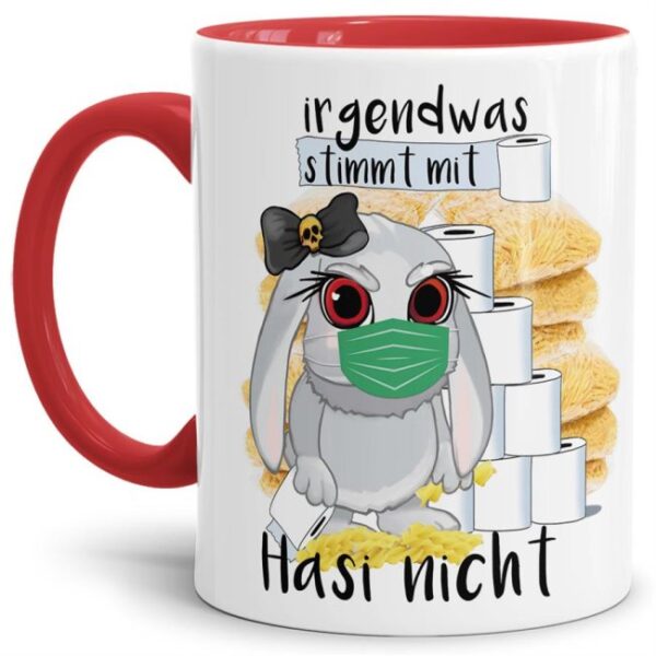 Hasen-Becher mit rotem Henkel und Innenleben aus hochwertiger Keramik mit einem Hauch Sarkasmus liebevoll gestaltet für alle