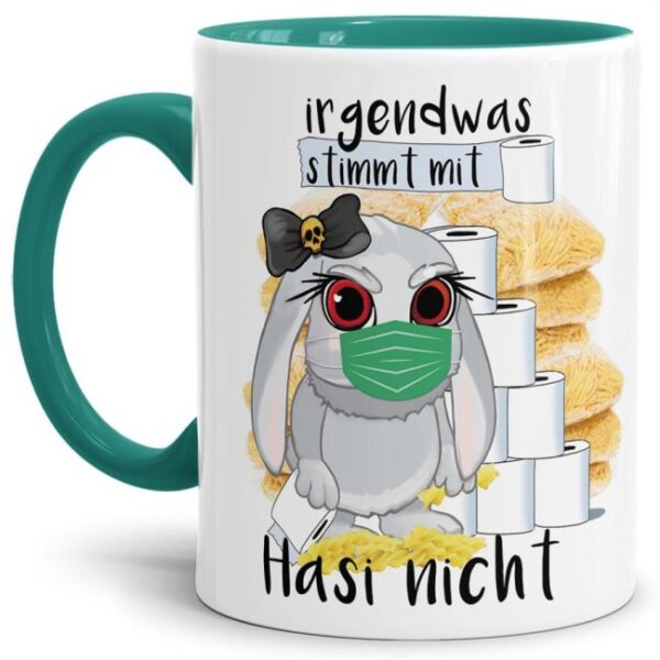 Hasen-Becher mit türkisfarbenem Henkel und Innenleben aus hochwertiger Keramik mit einem Hauch Sarkasmus liebevoll gestaltet für alle die schwarzen...