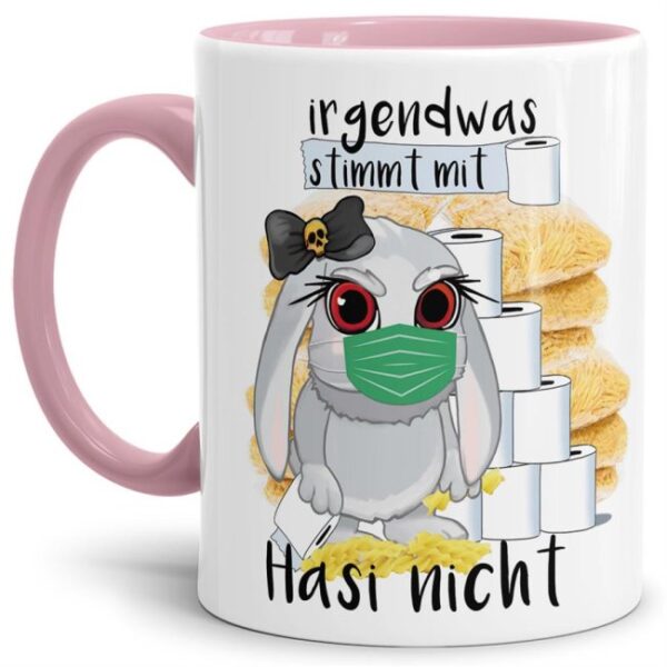 Hasen-Becher mit rosafarbenem Henkel und Innenleben aus hochwertiger Keramik mit einem Hauch Sarkasmus liebevoll gestaltet für alle