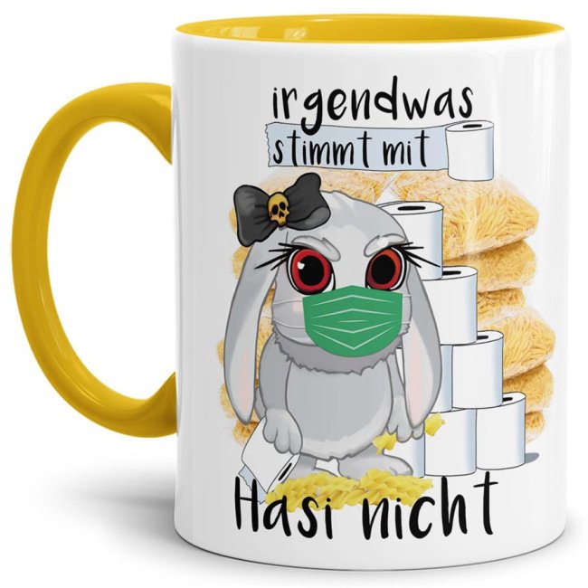 Hasen-Becher mit gelbem Henkel und Innenleben aus hochwertiger Keramik mit einem Hauch Sarkasmus liebevoll gestaltet für alle die schwarzen Humor...