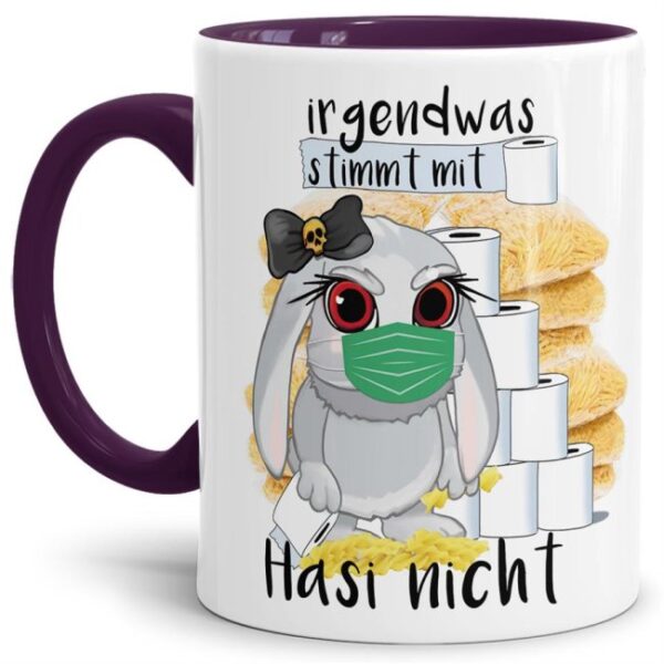 Hasen-Becher mit violettem Henkel und Innenleben aus hochwertiger Keramik mit einem Hauch Sarkasmus liebevoll gestaltet für alle