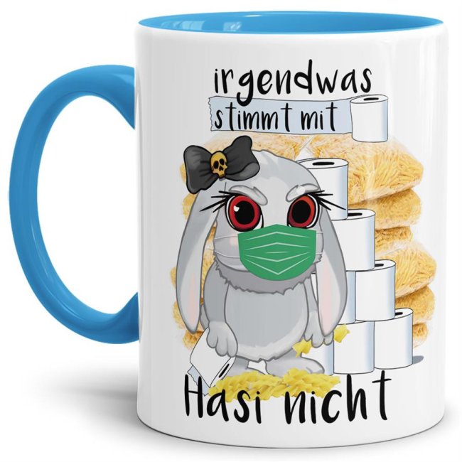 Hasen-Becher mit hellblauem Henkel und Innenleben aus hochwertiger Keramik mit einem Hauch Sarkasmus liebevoll gestaltet für alle