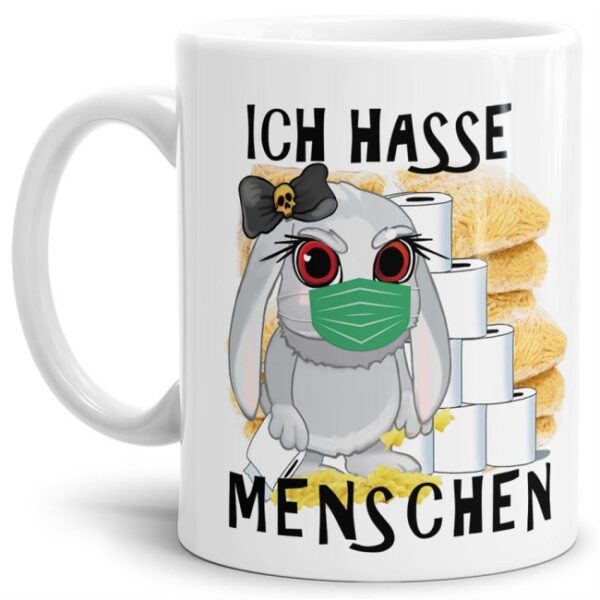 Hasen-Becher in Weiß aus hochwertiger Keramik mit aktuellem Spruch