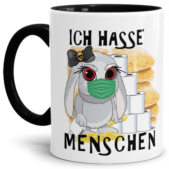 Hasen-Becher mit schwarzem Henkel und passend schwarzem Innenleben aus hochwertiger Keramik mit aktuellem Spruch