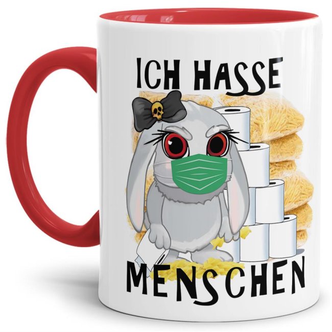 Hasen-Becher mit rotem Henkel und passend rotem Innenleben aus hochwertiger Keramik mit aktuellem Spruch