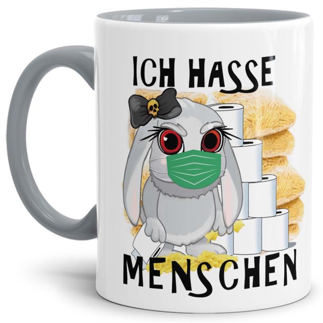 Hasen-Becher mit grauem Henkel und passend grauem Innenleben aus hochwertiger Keramik mit aktuellem Spruch