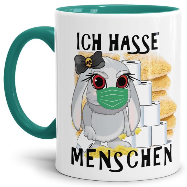 Hasen-Becher mit Henkel und passendem Innenleben in Türkis aus hochwertiger Keramik mit aktuellem Spruch