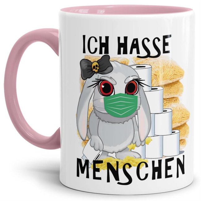 Hasen-Becher mit Henkel und Innenleben in Rosa aus hochwertiger Keramik mit aktuellem Spruch