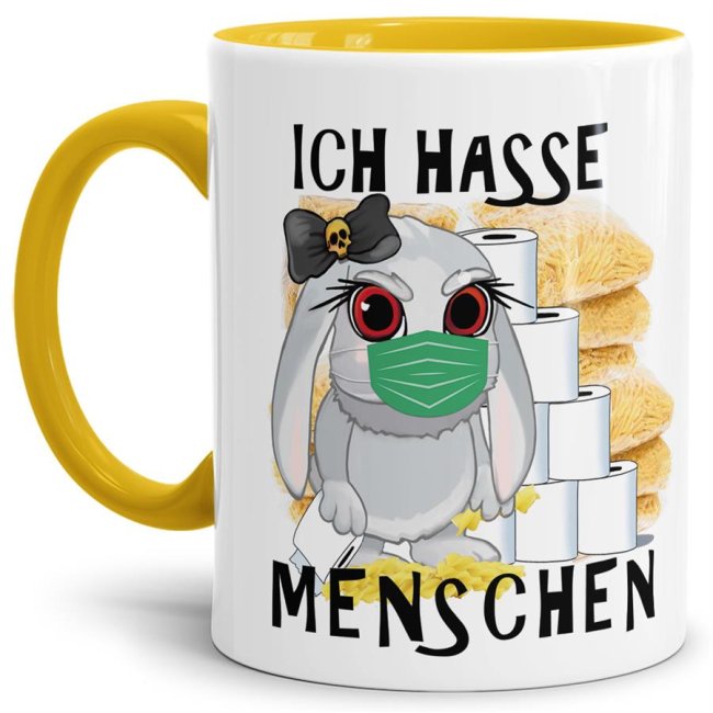 Hasen-Becher mit gelbem Henkel und passend gelbem Innenleben aus hochwertiger Keramik mit aktuellem Spruch