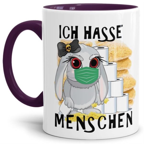 Hasen-Becher mit Henkel und Innenleben in Violett aus hochwertiger Keramik mit aktuellem Spruch