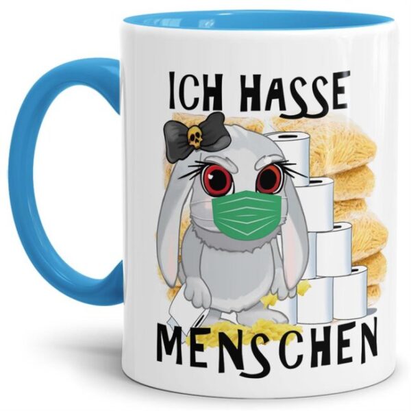 Hasen-Becher mit hellblauem Henkel und Innenleben aus hochwertiger Keramik mit aktuellem Spruch