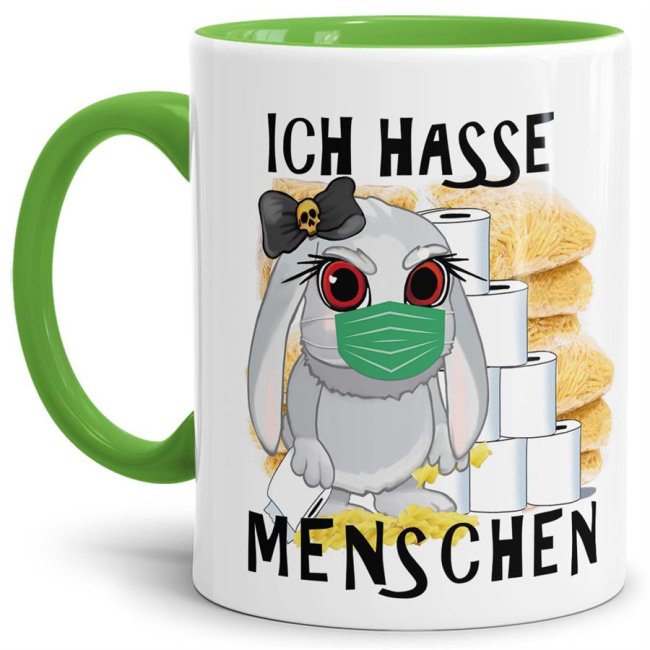 Hasen-Becher mit Henkel und Innenleben in Hellgrünaus hochwertiger Keramik mit aktuellem Spruch