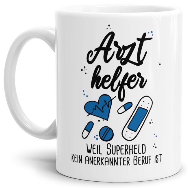 Unsere Berufe Tasse für Arzthelfer mit Spruch ist eine originelle Geschenkidee. Der Kaffeebecher - Superheld Arzthelfer - ist eine tolle Art Danke...