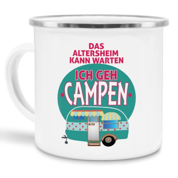 Die große Emailletasse mit lustigem Spruch - Ich geh Campen - ist eine tolle Geschenkidee für Campingfans und ein Must-have für jedes Wohnmobil....